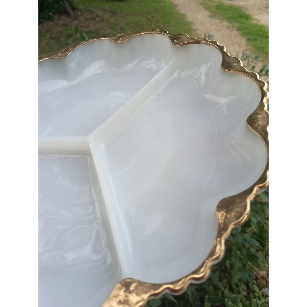 Vintage Anchor Hocking Fire King Gold Trim Milk Glass Divided Relish Tray